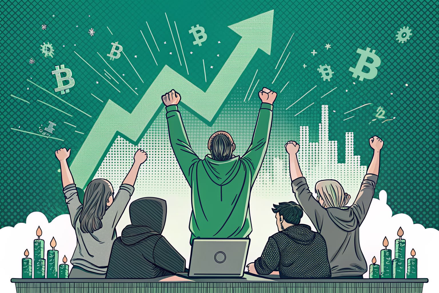 Token listing success screen — green candles and community celebrating