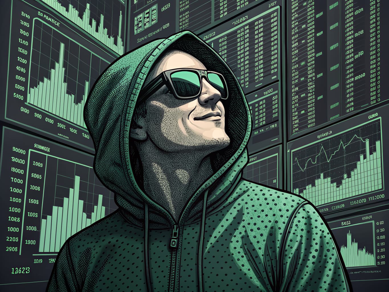 Crypto founder villain surrounded by trading screens